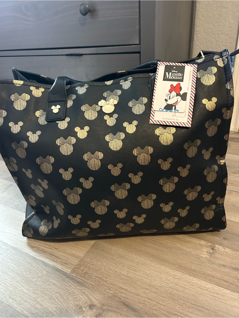 Disney Black Tote Bag with Gold Minnie Mouse Pattern